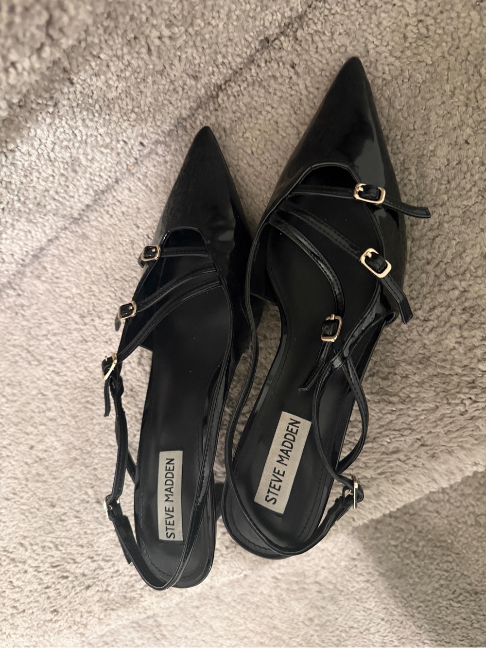 Steve Madden Black Patent Pointed Toe Strappy Flats with Gold Buckles